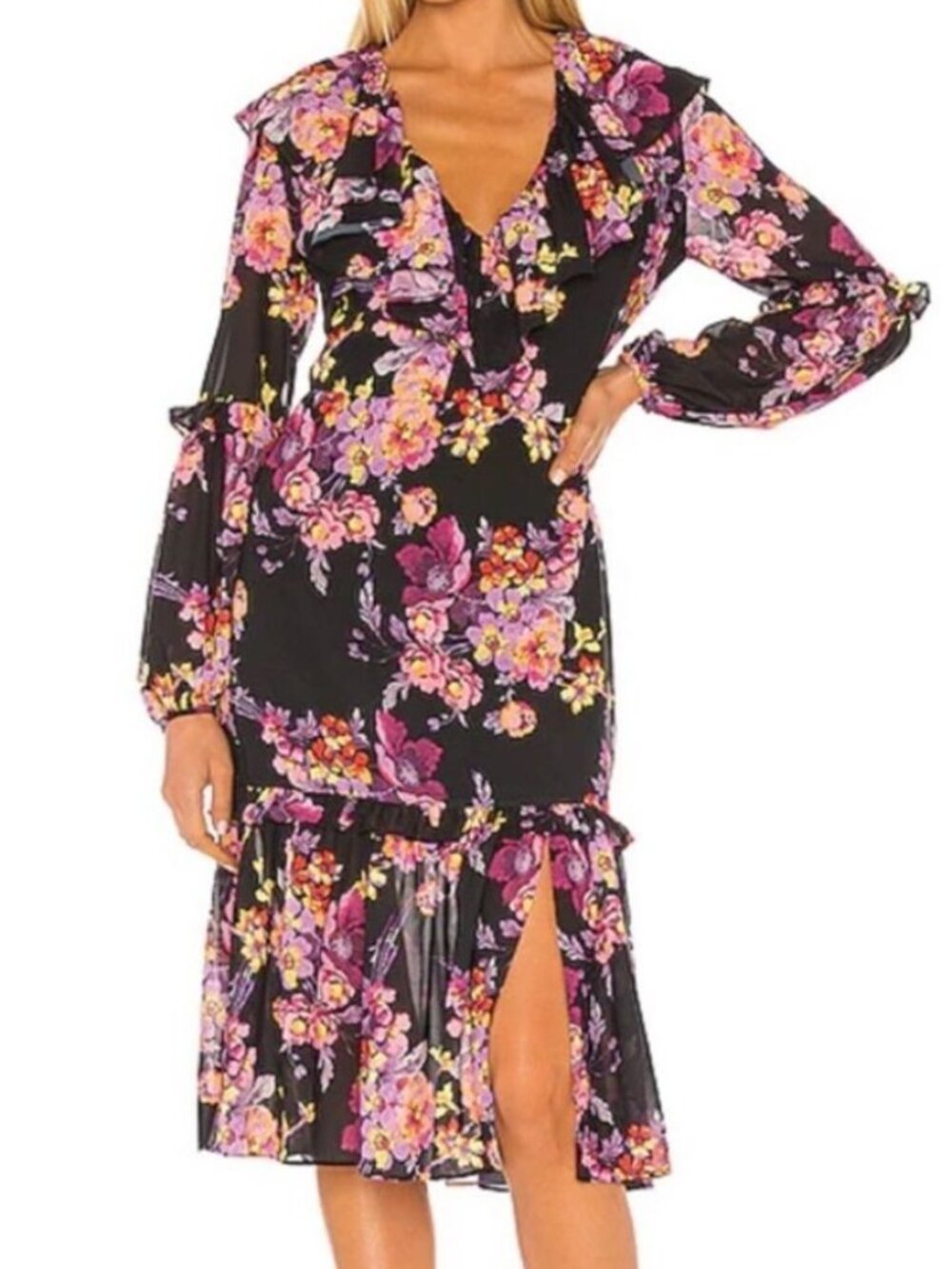 Amanda Uprichard Black Floral Ruffle Midi Dress
